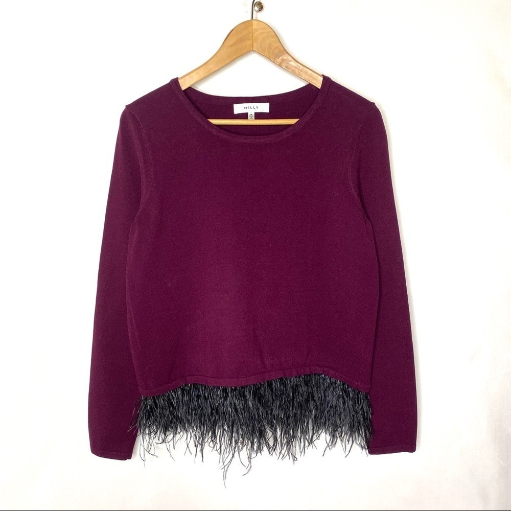 Milly Sweater Feather Burgundy Top Blouse Medium Dark‎ Fairy Maximalist Artsy